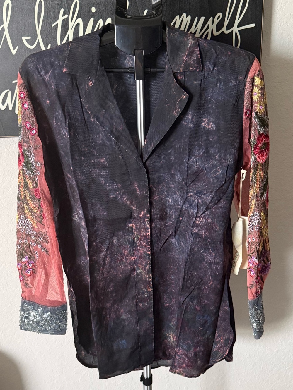 Aratta Navy & Pink Embroidered Long Sleeve Top NWT